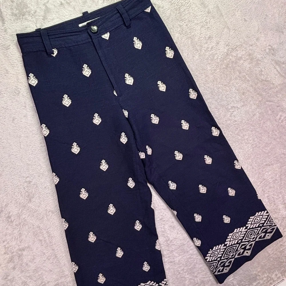 Zara Women Culottes‎ Small Navy Blue Embroidered Linen Blend High Rise Wide Leg